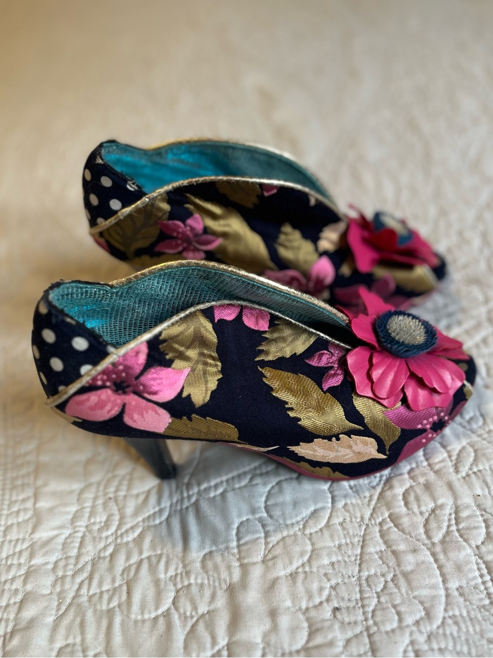 Poetic License Floral Satin Peep-Toe Heels with Pink Flower Accent